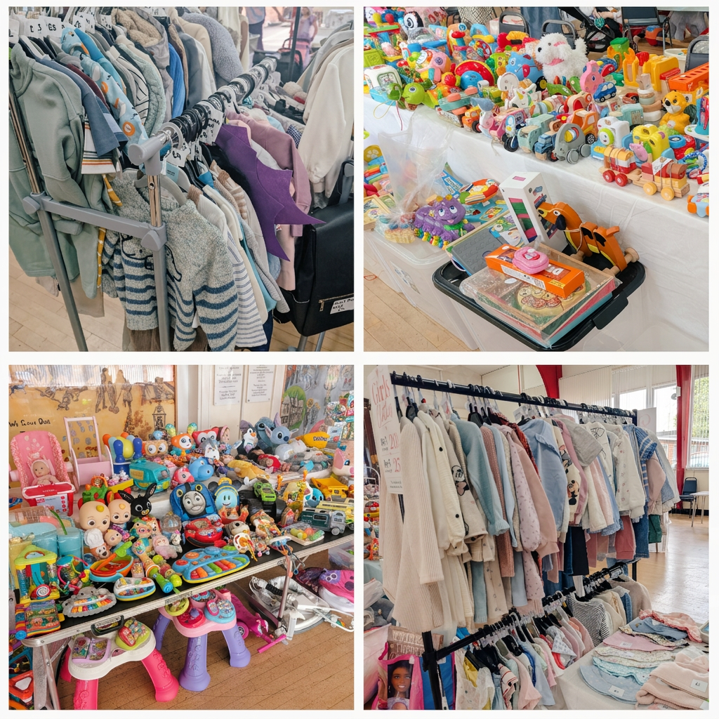 Rails of preloved children's clothes and tables of toys at a Little Preloved Co. market